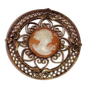 Romantic 1/20 12K Gold Filled Filigree Cameo Brooch